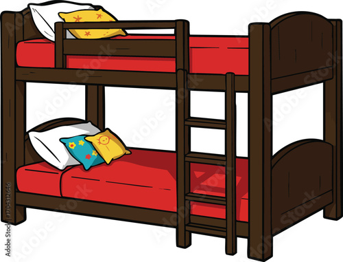 Bunk bed with red mattresses and colorful pillows wooden frame design for cozy bedroom interiors 