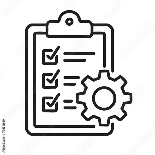 Clipboard with checklist and gear icon representing task completion and operational efficiency