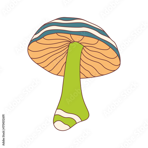 Whimsical fungus design showcasing a striped mushroom cap and organic, flowing style for creative projects and decorative purposes.