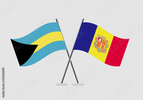 Bahamas and Andorra vector flags positioned in diagonal cross format