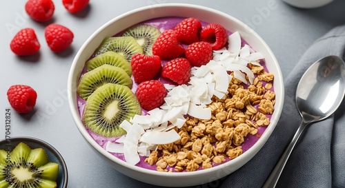 Healthy Breakfast Bowl with Berries, Kiwi, and Granola.