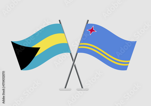 Bahamas and Aruba vector flags with realistic waving appearance