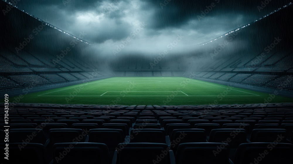 Naklejka premium Empty rainy soccer stadium at night