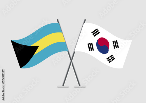 Bahamas and South Korea vector flags on display for event design