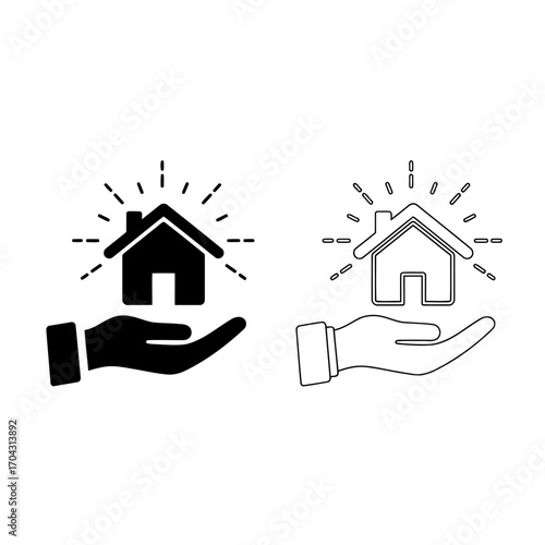 Vector illustration of hand holding a house icon with radiating lines