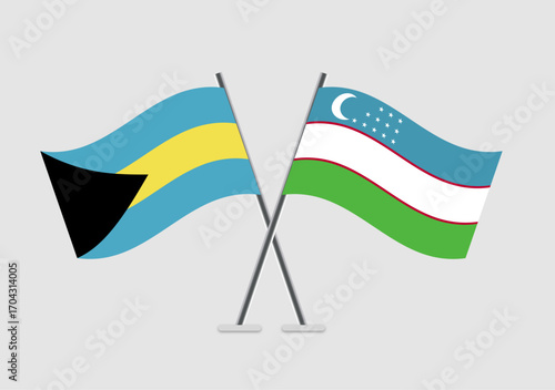 Bahamas and Uzbekistan vector flags in mutual support illustration