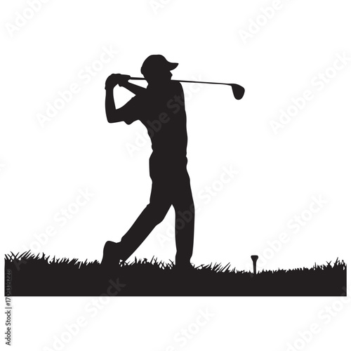 Silhouette of a golfer swinging a club on a golf course
