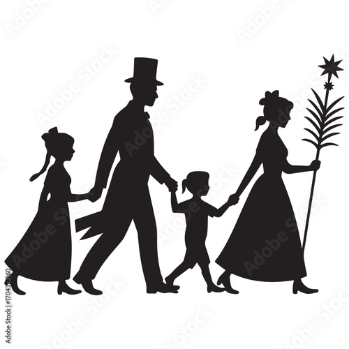 Silhouette of a victorian family walking together holding hands