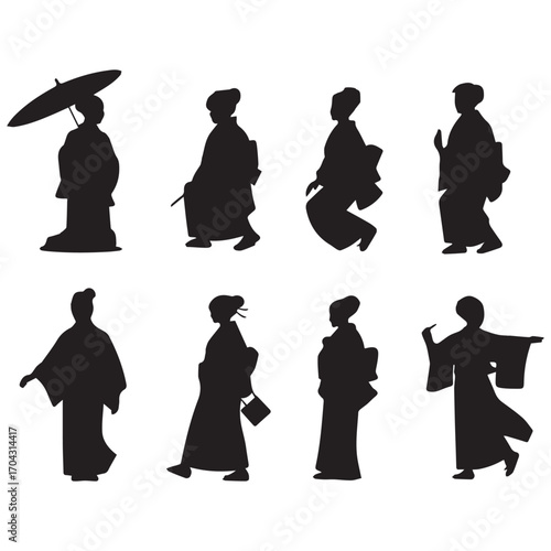 Silhouettes of women in traditional japanese kimonos and attire