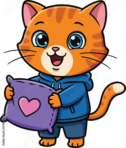 Cute orange tabby cat character holding purple pillow with heart design in blue hoodie and shorts vector illustration 