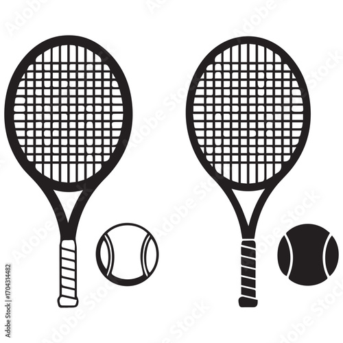 Two tennis rackets and tennis balls in a simple illustration