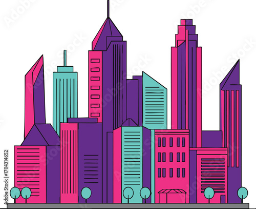 Modern city skyline with colorful purple and teal high rise buildings vector illustration urban architecture and cityscape design 