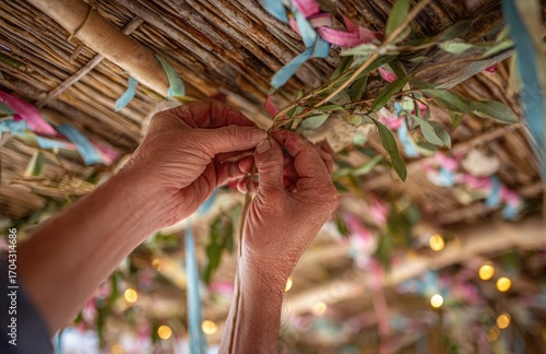 Jewish man decorating sukkah roof for sukkot holiday celebration