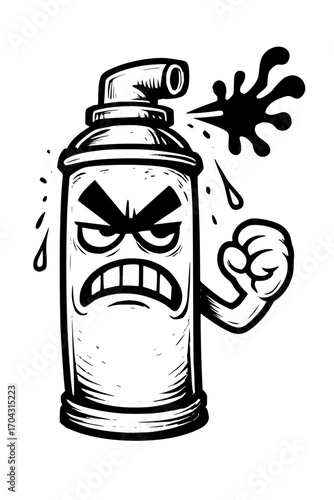 Angry spray paint can character with clenched fist unleashing artistic expression, perfect for edgy designs