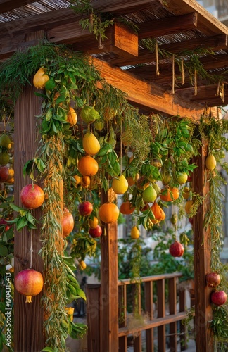 Sukkot four species hanging on a wooden pergola during sukkot jewish holiday