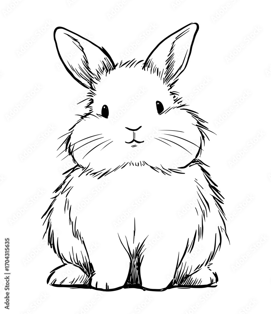 Obraz premium Hand-drawn vector illustration of a fluffy bunny rabbit sitting, cute minimalistic style
