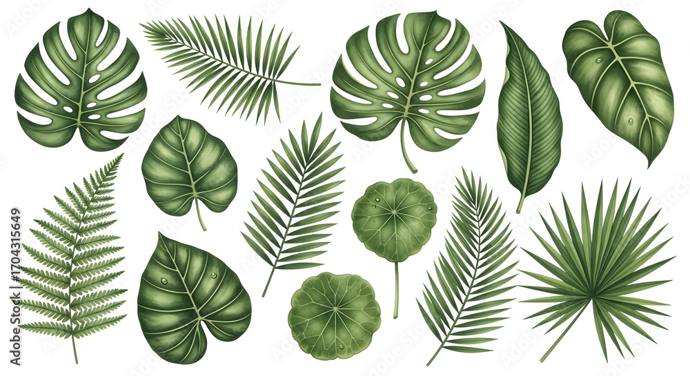 Fototapeta premium Tropical Leaf Set Watercolor Collection — Lush Monstera, Banana, Palm and Heart-Shaped Philodendron Leaves Painted in Deep Greens for Botanical Prints, Surface Pattern Design and Tropical-Themed Decor