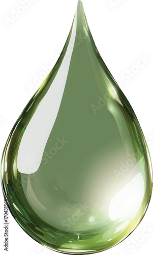 Single green liquid drop with reflections and highlights on white background droplet water
