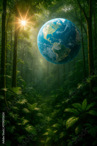 A tropical rainforest at sunrise, with rich green foliage and golden sunlight filtering through the canopy. Above the jungle, a holographic Earth floats in the sky