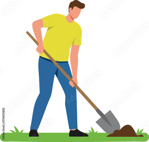 Man digging soil with shovel outdoors in casual clothes vector illustration for gardening or landscaping concept 