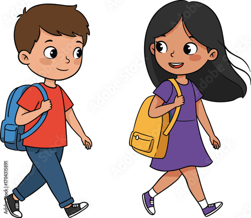 Cartoon boy and girl walking with backpacks, happy school kids going to class, back to school vector illustration design