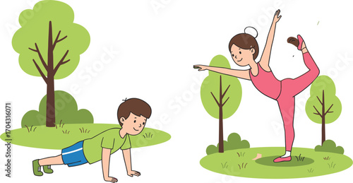 Cartoon kids doing yoga and exercise in nature park, boy doing push-ups and girl in balance pose, outdoor fitness activity