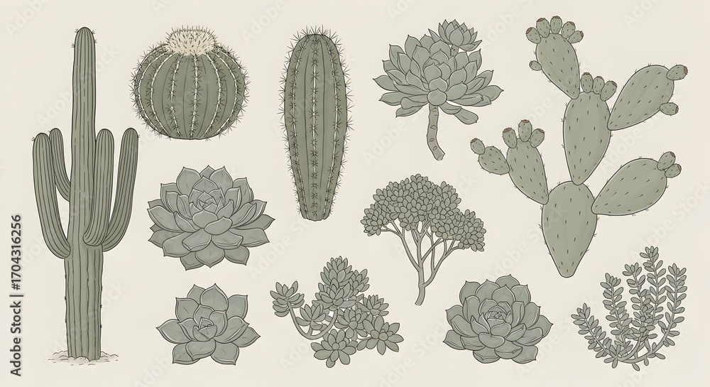 Fototapeta premium Hand-Drawn Potted Succulents and Cacti Collection — Neutral Sketches of Aloe, Agave, Echeveria, Prickly Pear and Columnar Cacti in Simple Pots for Minimalist Botanical Prints, Plant Care Guides