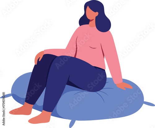 Woman sitting relaxed on blue cushion with navy pants and pink top casual lifestyle vector illustration 