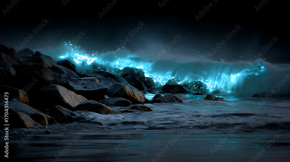 Naklejka premium Bioluminescent wave crashing on a rocky shore at night, creating a magical and ethereal display of glowing blue light in the darkness of the ocean