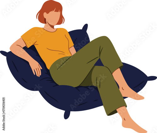 Woman Relaxing on Comfortable Bean Bag Chair Wearing Orange Shirt and Olive Pants Vector Illustration 