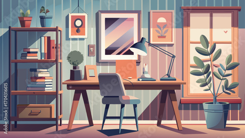 Stylish study nook with muted pastel walls, clean wooden desk, modern lamp, and a single framed photo, inviting calm concentration and refined taste.