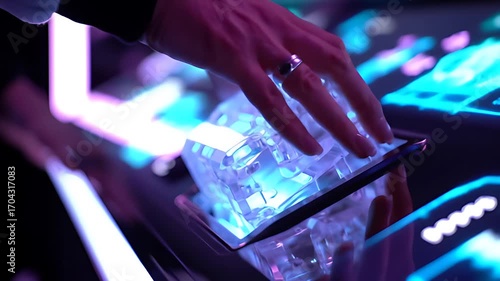 Close-up of a hand inserting a large, glowing transparent data cartridge into a futuristic chrome console, with vibrant neon data visualizations flickering on a nearby screen.