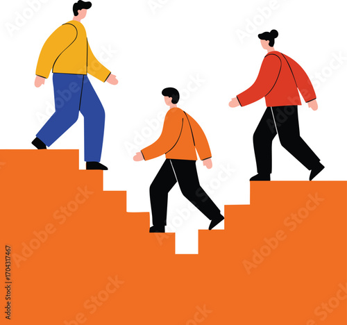 People climbing and descending orange stairs in simple flat illustration style with colorful clothing 