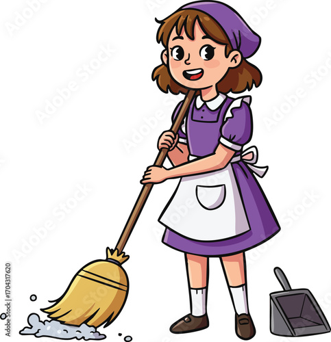 Young girl sweeping floor with broom and dustpan in purple dress and apron vector illustration 