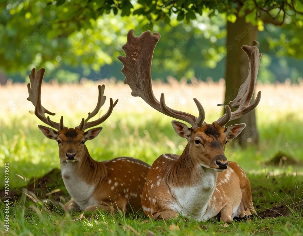 Fototapeta premium Two fallow deer resting in grassy field beneath trees