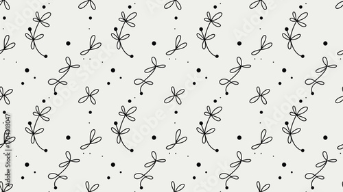 Seamless pattern of black floral sprigs and dots on a white background minimalistic design style art
