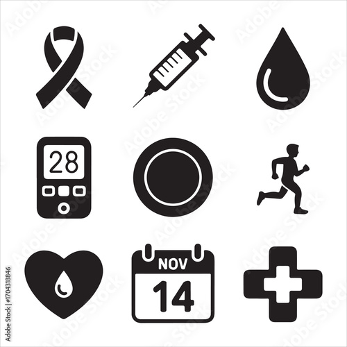 world diabetes day vactor art icon pack icon set bandle banner silhouette black and white backgrount