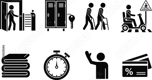 Accessibility icons, elderly care symbols, mobility support, pedestrian safety, secure entry, hospitality services, financial transactions, time management, inclusive design