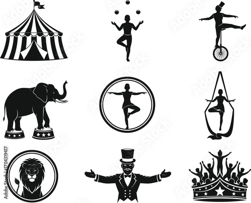 Circus vector silhouettes, tent, juggler, unicycle, elephant, aerialist, lion, ringmaster, crown, performers, black and white icons, entertainment, show