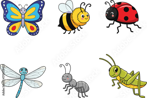 Cute cartoon insect vector set, butterfly, bee, ladybug, dragonfly, ant, grasshopper, colorful bugs for kids, educational, cheerful, playful, friendly