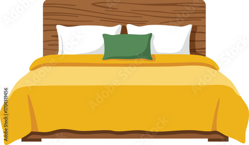 Double bed with yellow blanket and wooden headboard cozy bedroom furniture illustration 