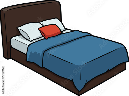 Comfortable bed with blue blanket and red pillow illustration for bedroom furniture and sleep environment design 