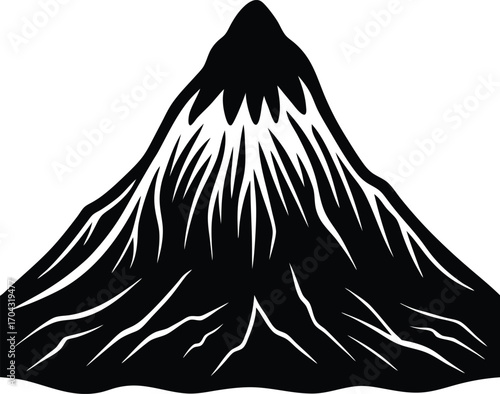 Monochromatic Mountain Peak Illustration with Textured Snow and Rocky Outcrops on white background
