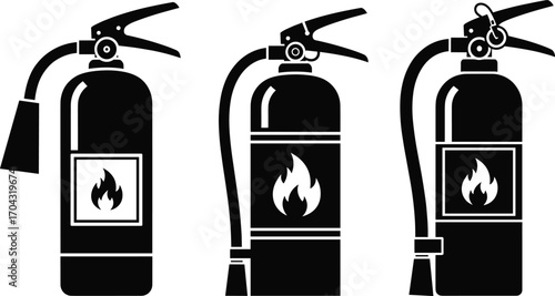 Fire extinguisher vector set, safety equipment icons, black and white silhouette illustration, emergency fire control tools, firefighting gear, isolated design