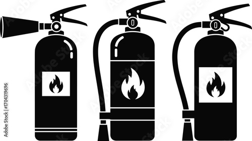 Fire extinguisher vector icons, black silhouette, flame symbol, safety equipment, emergency tool, firefighting gear, hazard prevention, isolated illustration, protection, rescue