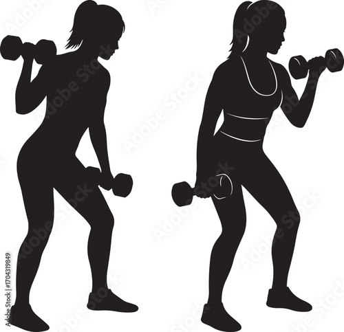 Two women exercising with dumbbells silhouette