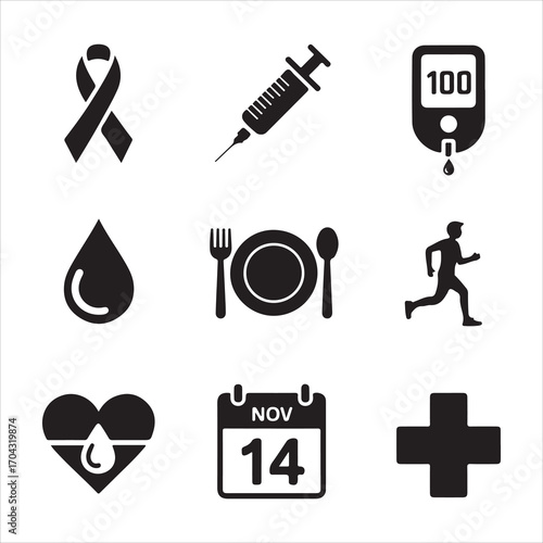 world diabetes day vactor art icon pack icon set bandle banner silhouette black and white backgrount