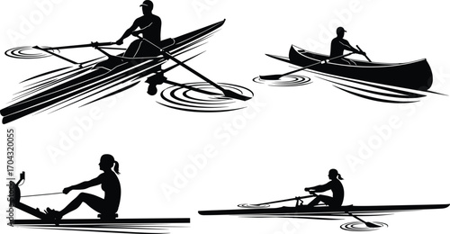 Rowing silhouettes, canoe paddling, indoor rowing machine, sculling boat sport, fitness training, water activity, vector illustration, black and white, athlete motion