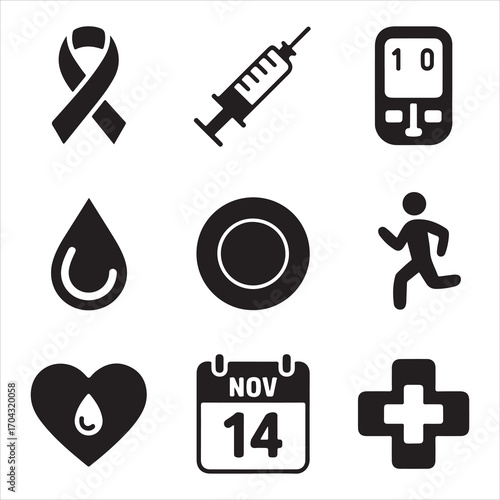 world diabetes day vactor art icon pack icon set bandle banner silhouette black and white backgrount