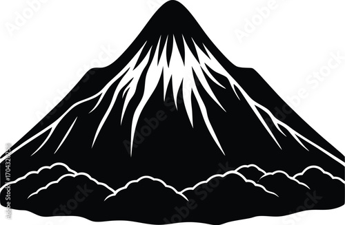 Dramatic Mountain Peak Silhouette with Snow and Clouds in Black and White on white background